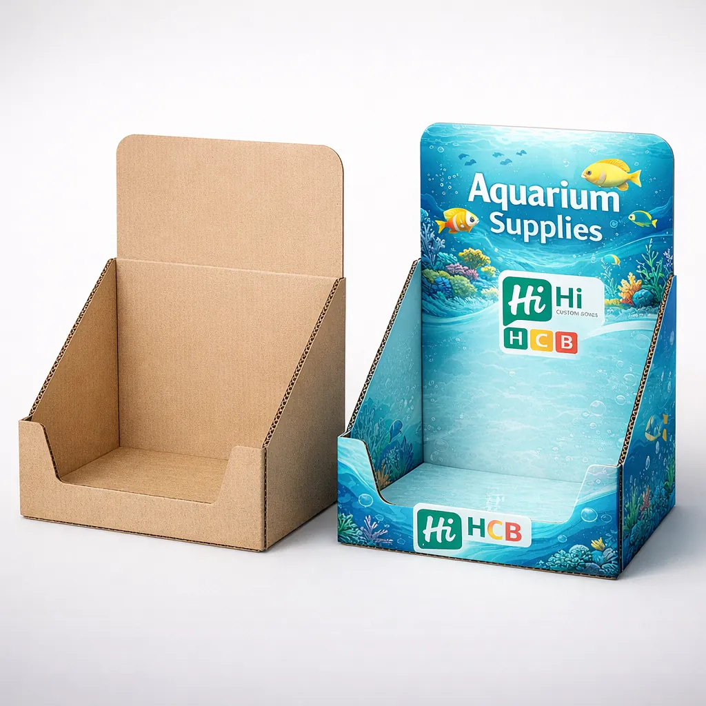 Two cardboard counter display units, one plain brown and one printed with colorful aquarium supplies branding and fish. class=